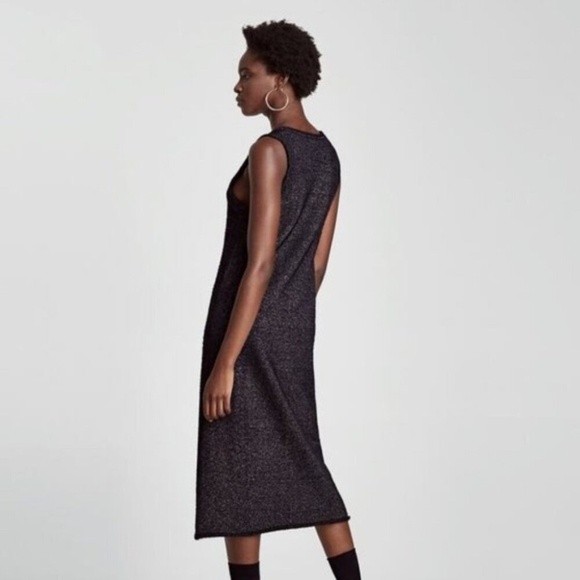 NEW ZARA Woman Midi Black Metallic Fuzzy Knit Cozy Sweater Dress Medium - Picture 4 of 14